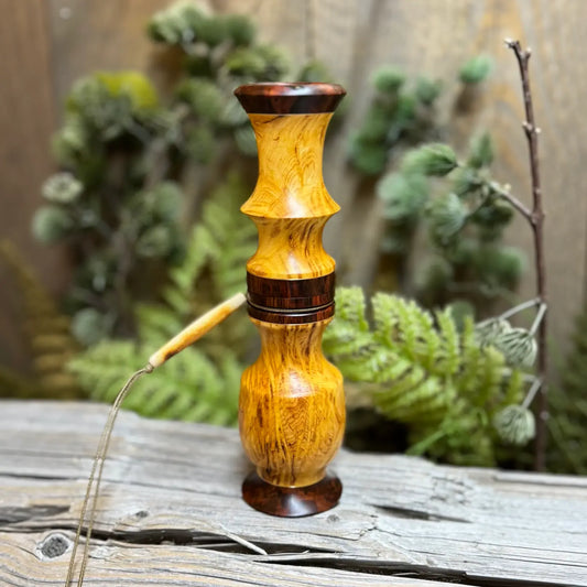 Yellow Cedar Burl Whitetail Grunt with snakewood accents and a bone bead on a lanyard