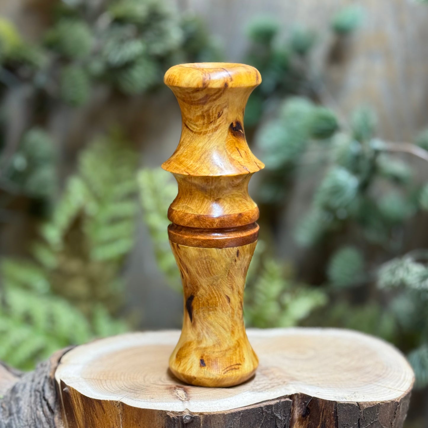 Golden yellow cedar burl shows elegent brush strokes of the natural burl unraveling beautiful wooden character in this short reed goose call. This custom goose call has a carved lanyard groove and is handcrafted with love. Goose call is displayed on a clean cut stump with a natural wooded background.