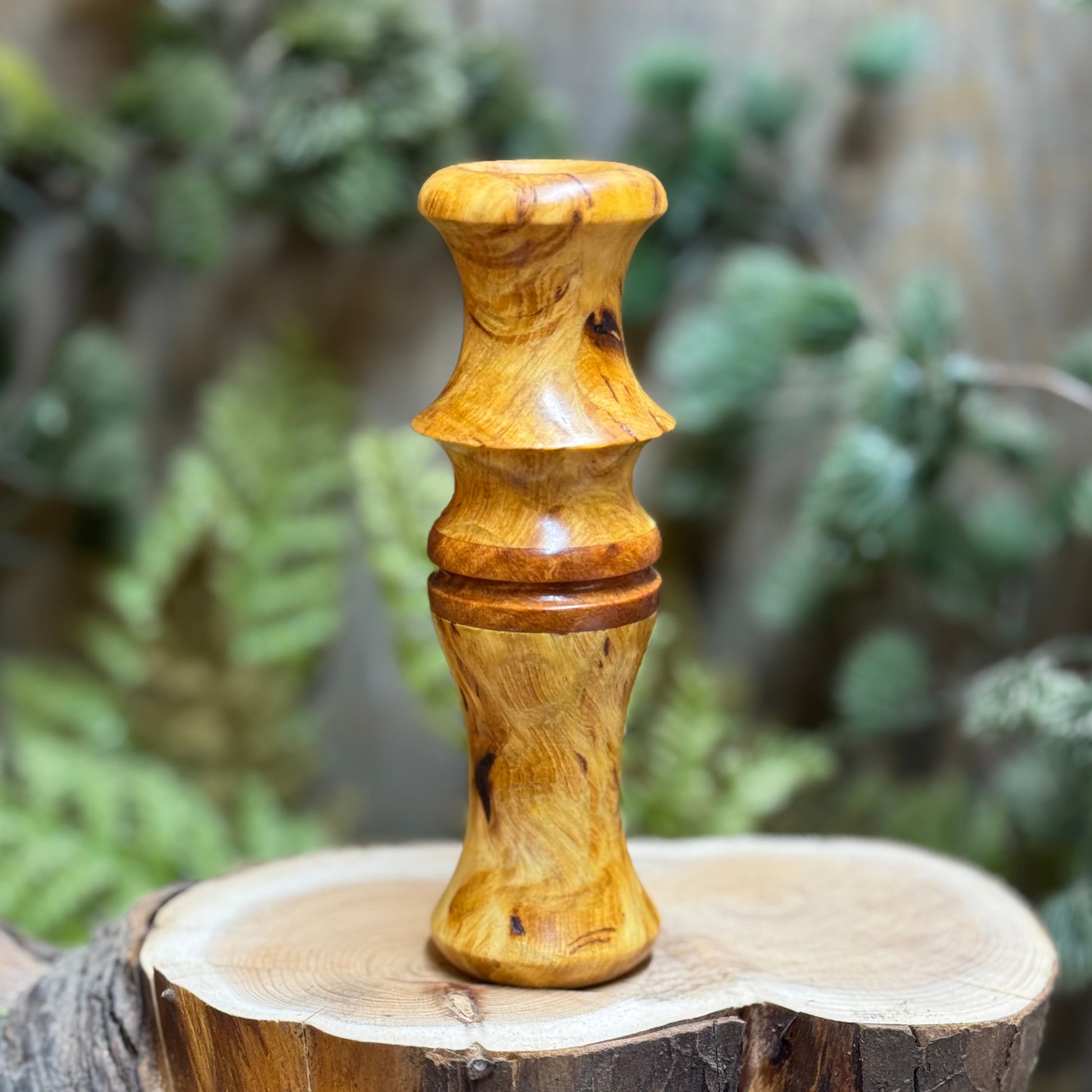 Golden yellow cedar burl shows elegent brush strokes of the natural burl unraveling beautiful wooden character in this short reed goose call. This custom goose call has a carved lanyard groove and is handcrafted with love. Goose call is displayed on a clean cut stump with a natural wooded background.