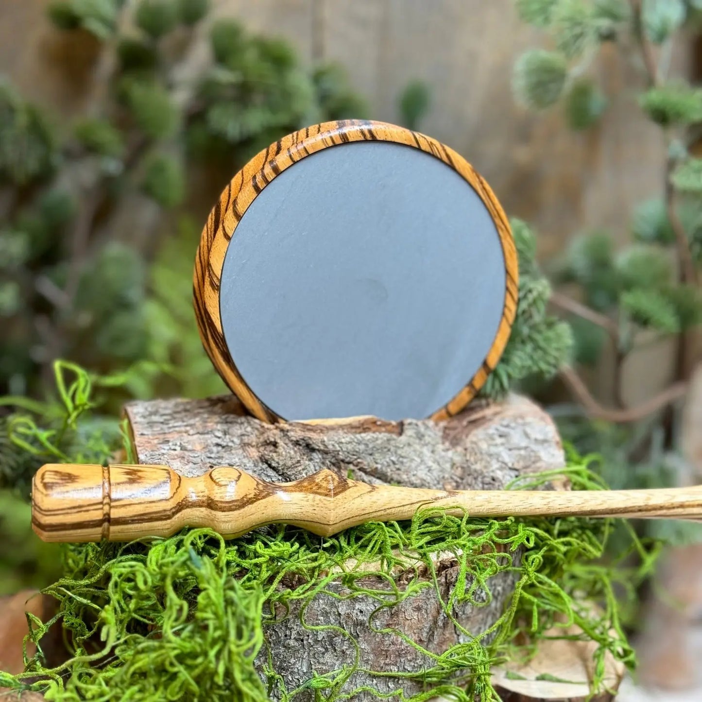 Zebrawood Turkey Pot Call with light green slate surface  and a matching zebrawood striker