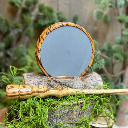 Zebrawood Turkey Pot Call with light green slate surface  and a matching zebrawood striker